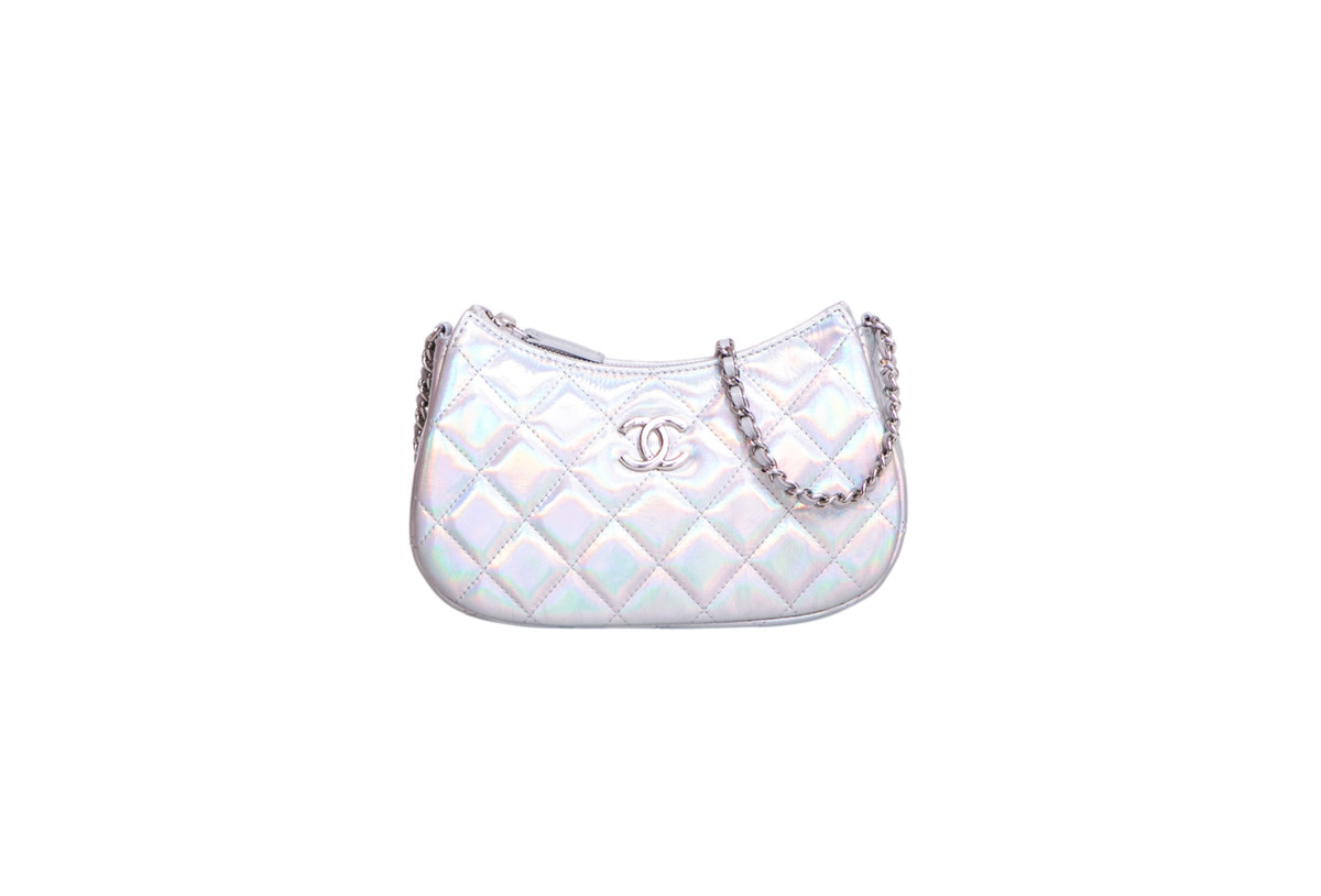 CHANEL CLUTCH ON CHAIN IRIDESCENT MIRROR GOATSKIN QUILTED SILVER HDWR