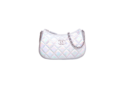 CHANEL CLUTCH ON CHAIN IRIDESCENT MIRROR GOATSKIN QUILTED SILVER HDWR
