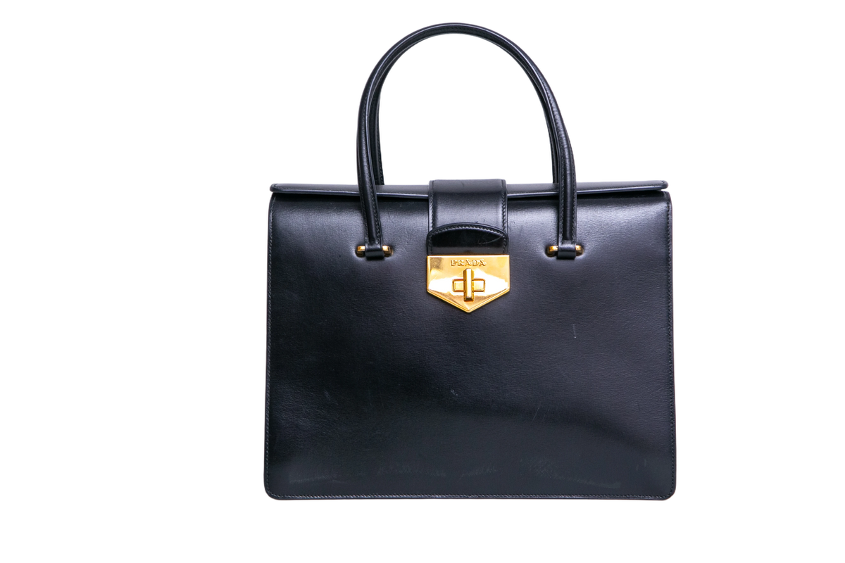 PRADA TURNLOCK FLAP HANDBAG BLACK/YELLOW