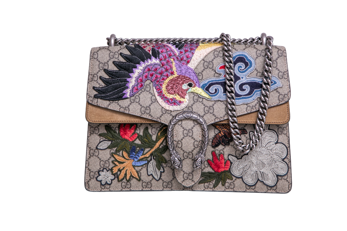 GUCCI DIONYSUS MEDIUM GG SUPREME BIRD EMBROIDERED
