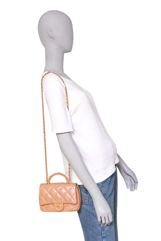 CHANEL MINI FLAP TOP HANDLE FLAP BEIGE SHINY LAMBSKIN - GOLD HDWR