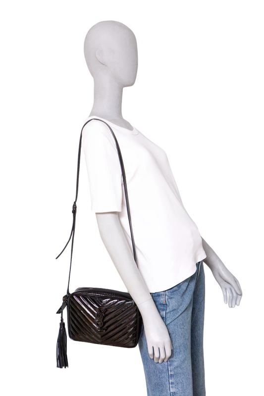 YSL LOU CAMERA BAG PATENT MATELASSÊ BLACK