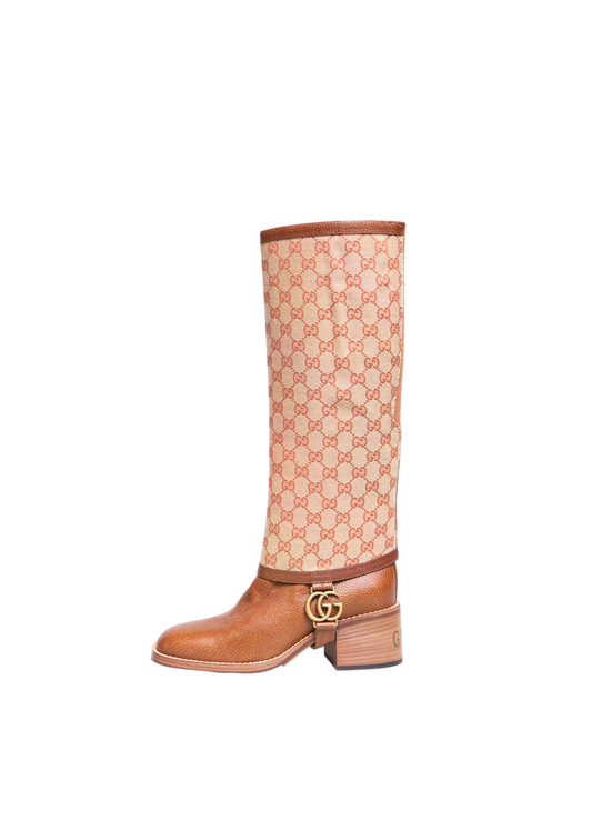 GUCCI BOOTS LOLA TALL GG MONOGRAM CALFSKIN BROWN - 37 1/2 BR