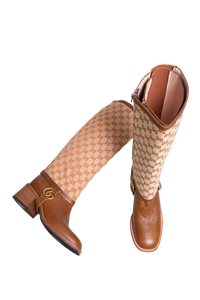 GUCCI BOOTS LOLA TALL GG MONOGRAM CALFSKIN BROWN - 37 1/2 BR