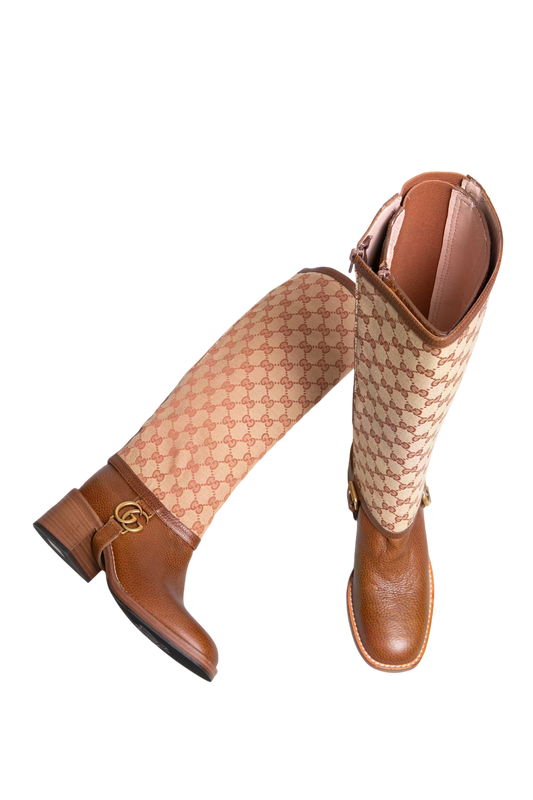GUCCI BOOTS LOLA TALL GG MONOGRAM CALFSKIN BROWN - 37 1/2 BR