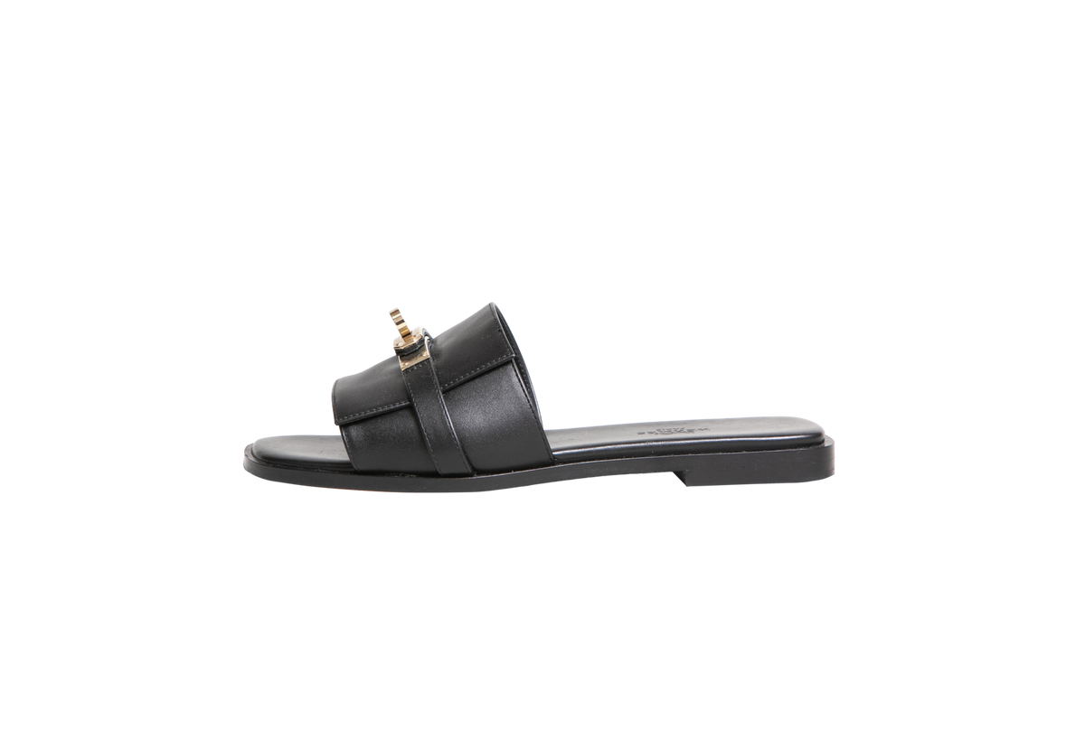 HERMÈS SANDAL GIULIA CALFSKIN NOIR - PERMABRASS - 34 BR