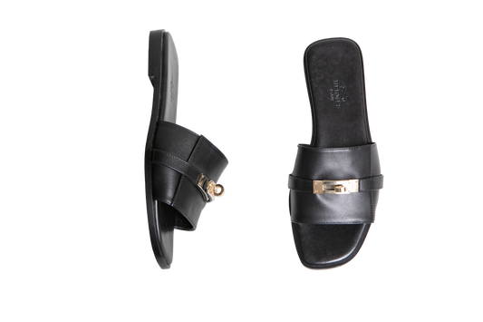 HERMÈS SANDAL GIULIA CALFSKIN NOIR - PERMABRASS - 34 BR