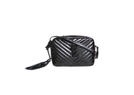 YSL LOU CAMERA BAG PATENT MATELASSÊ BLACK