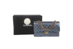 CHANEL DOUBLE FLAP CLASSIC MEDIUM METALLIC BLUE