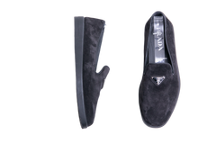 PRADA LOAFER LOGO PLAQUE SUEDE BLACK - 39 1/2 BR