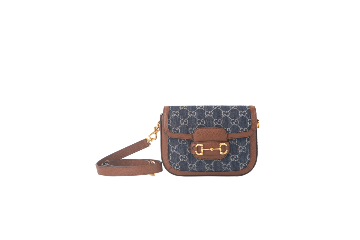 GUCCI HORSEBIT 1955 SMALL GG DENIM & BROWN