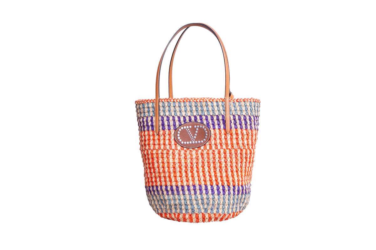 VALENTINO STRIPED RAFFIA SHOPPING BAG MULTICOLOR