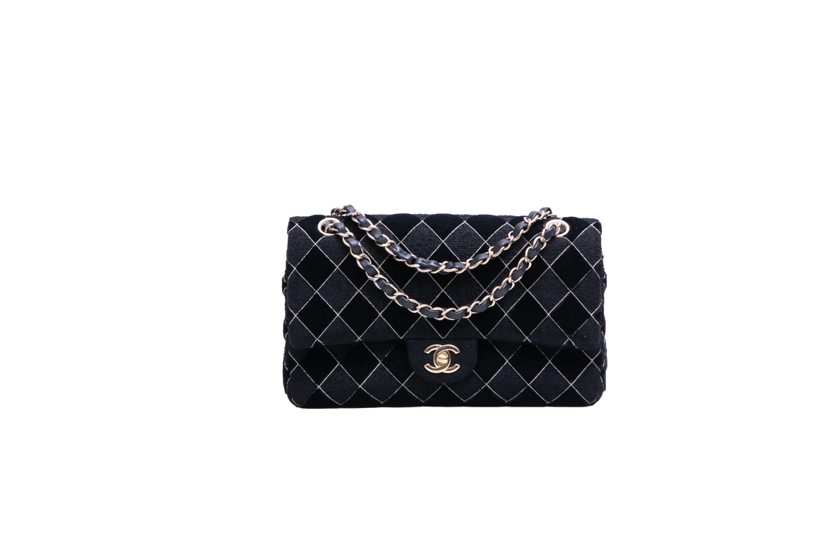 CHANEL CLASSIC 11.12 DOUBLE FLAP TWEED VELVET BLACK