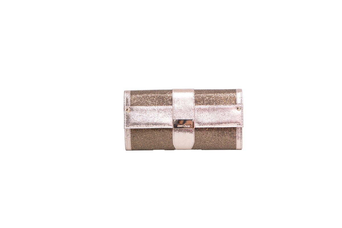 JIMMY CHOO CLUTCH METALLIC GOLD/SILVER TEXTURED LEATHER