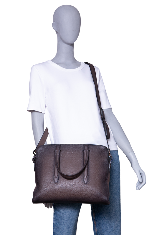 SALVATORE FERRAGAMO BRIEFCASE PEBBLED LEATHER BROWN