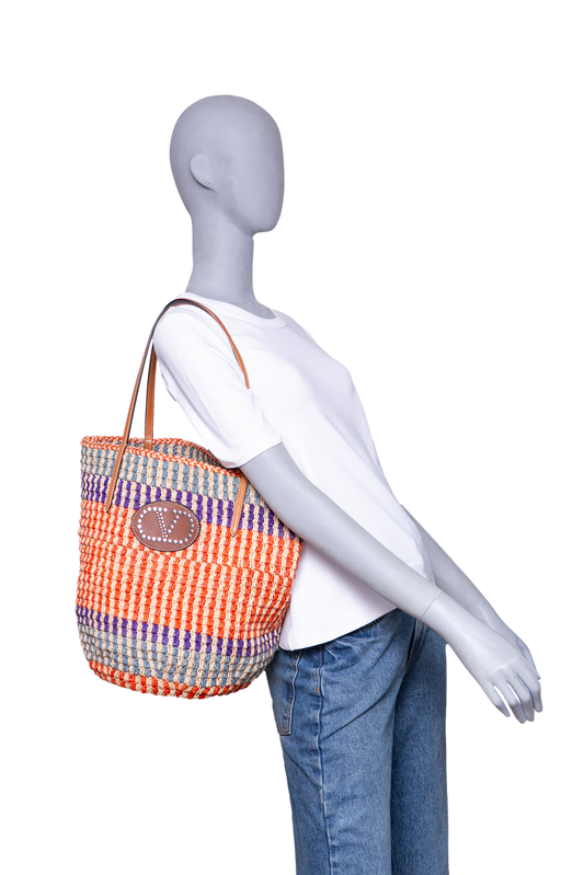 VALENTINO STRIPED RAFFIA SHOPPING BAG MULTICOLOR