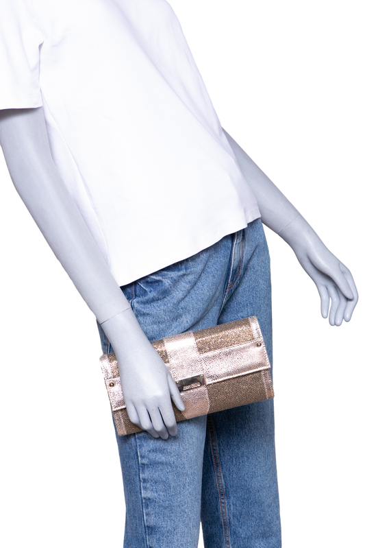 JIMMY CHOO CLUTCH METALLIC GOLD/SILVER TEXTURED LEATHER
