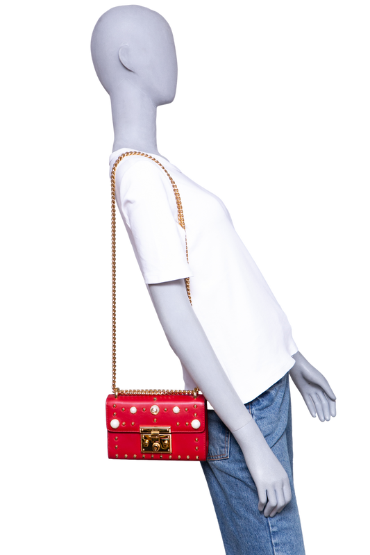 GUCCI PADLOCK SMALL RED LEATHER FAUX PEARL STUD