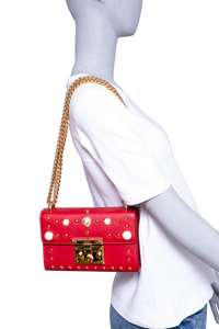 GUCCI PADLOCK SMALL RED LEATHER FAUX PEARL STUD