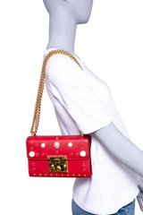 GUCCI PADLOCK SMALL RED LEATHER FAUX PEARL STUD