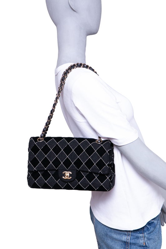 CHANEL CLASSIC 11.12 DOUBLE FLAP TWEED VELVET BLACK