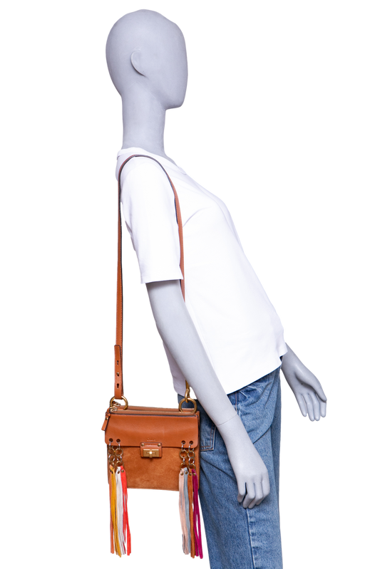 CHLOÉ JANE SMALL TASSEL-TRIM CARAMEL/MULTI COLOR