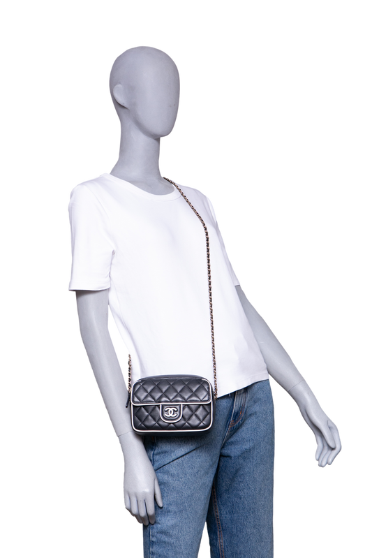 CHANEL 25 P CAMERA LAMBSKIN B&W GOLD HDWR