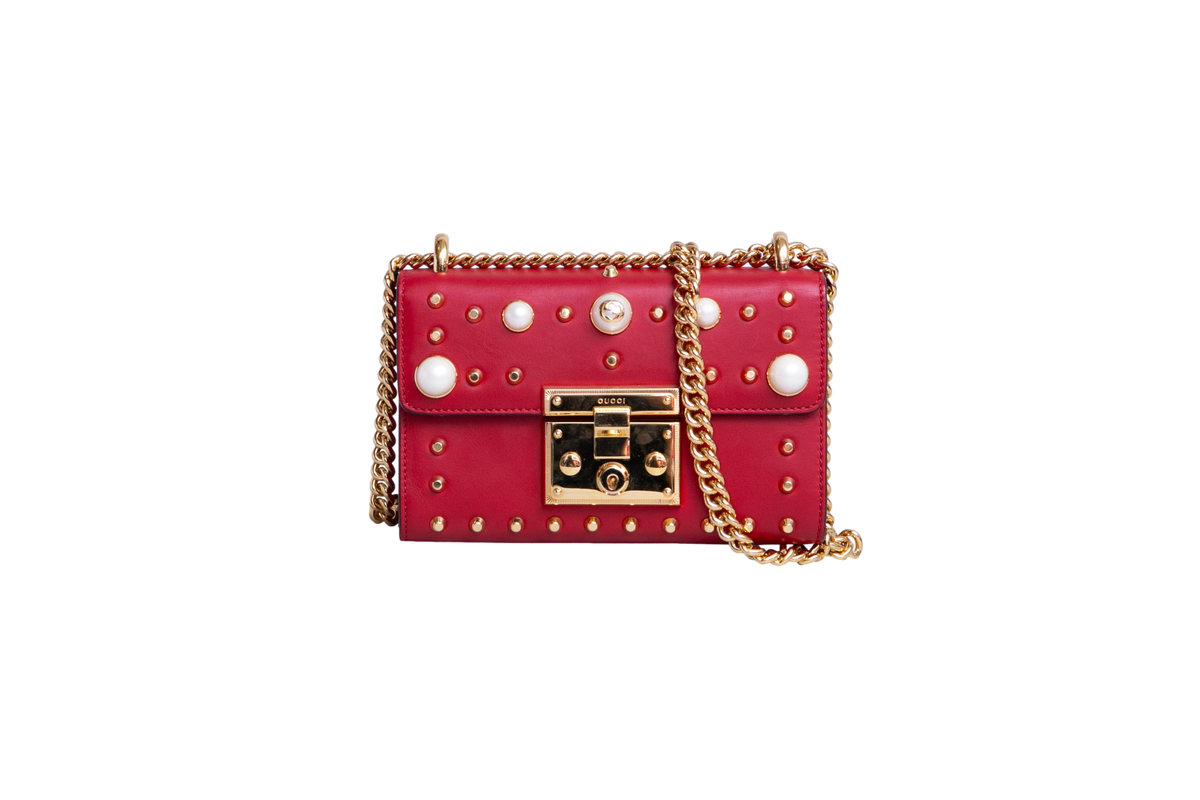 GUCCI PADLOCK SMALL RED LEATHER FAUX PEARL STUD