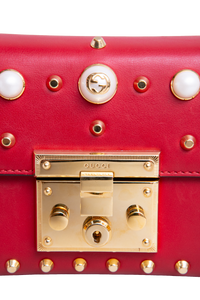 GUCCI PADLOCK SMALL RED LEATHER FAUX PEARL STUD
