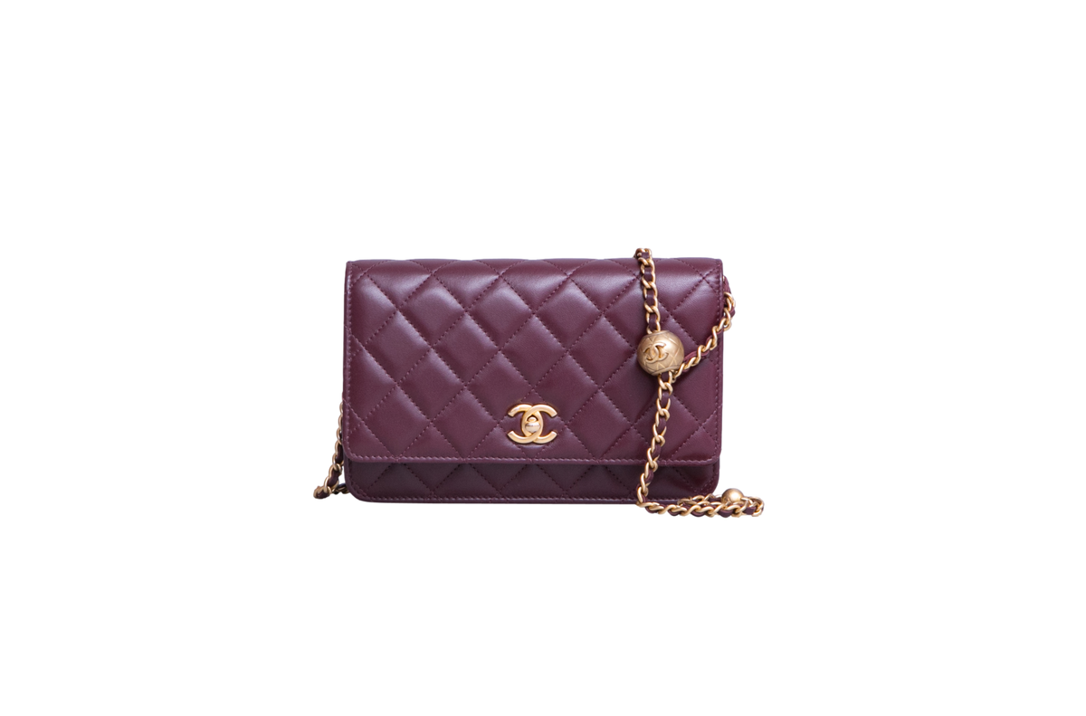 CHANEL PEARL CRUSH WALLET ON CHAIN LEATHER LAMBSKIN DARK RED WINE/ GOLD HDWR