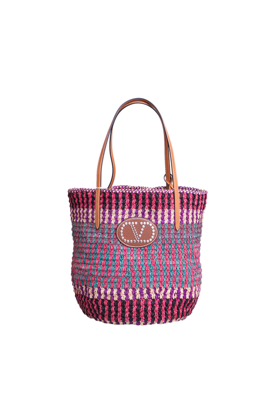 VALENTINO VLOGO SIGNATURE LARGE STRAW TOTE BAG MULTICOLOR