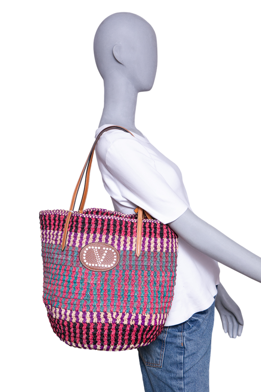 VALENTINO VLOGO SIGNATURE LARGE STRAW TOTE BAG MULTICOLOR