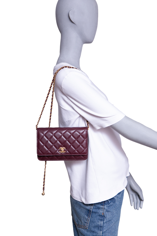 CHANEL PEARL CRUSH WALLET ON CHAIN LEATHER LAMBSKIN DARK RED WINE/ GOLD HDWR