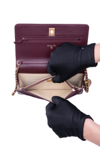 CHANEL PEARL CRUSH WALLET ON CHAIN LEATHER LAMBSKIN DARK RED WINE/ GOLD HDWR