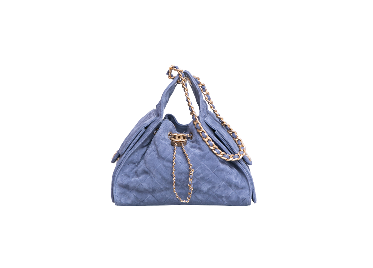 CHANEL 25 SMALL SUEDE BLUE GOLD HDWR