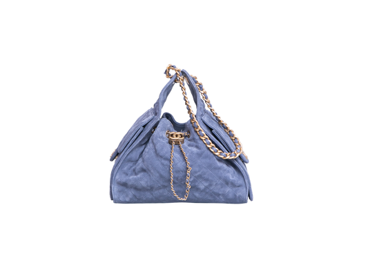 CHANEL 25 SMALL SUEDE BLUE GOLD HDWR