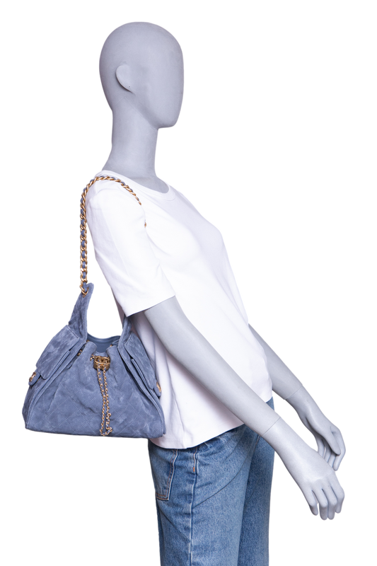 CHANEL 25 SMALL SUEDE BLUE GOLD HDWR