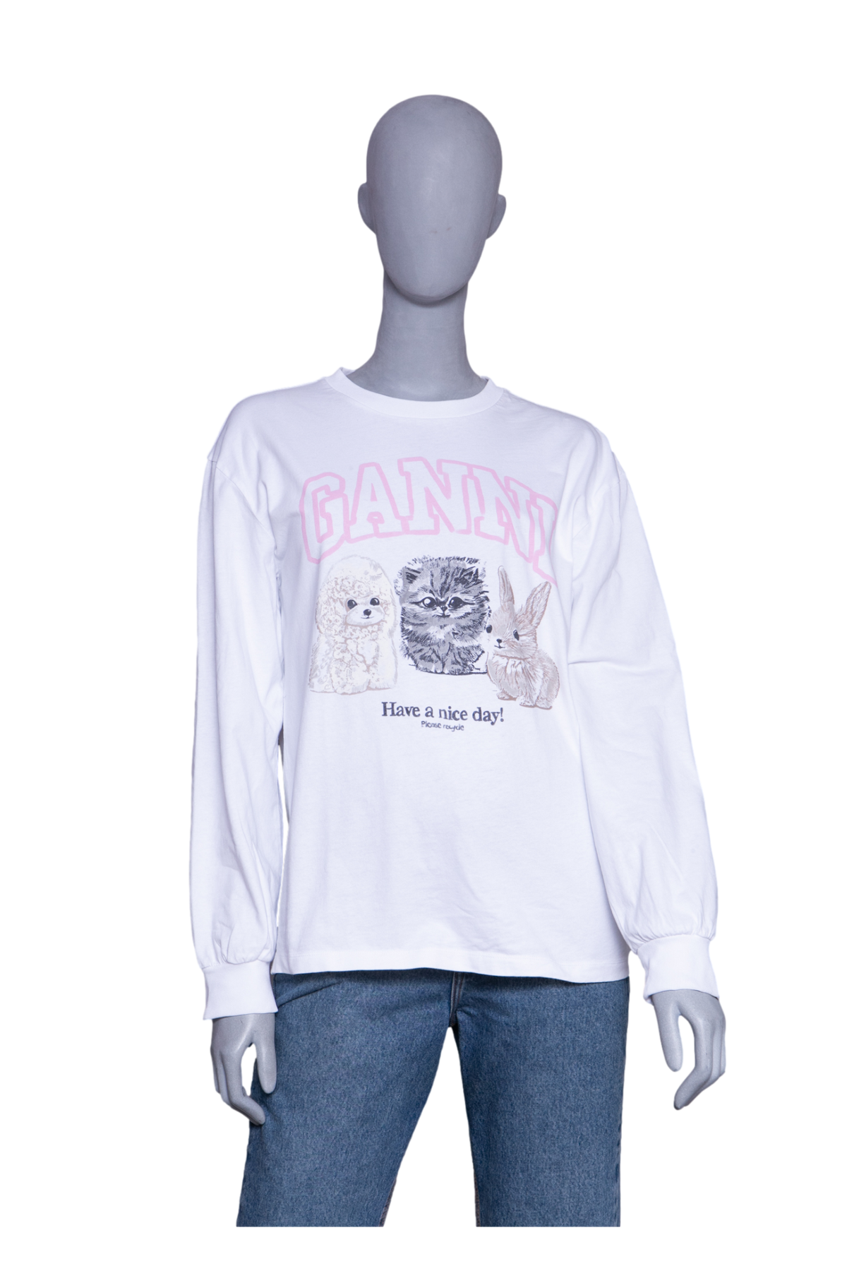 GANNI WHITE ANIMAL PRINT LONG SLEEVE T SHIRT