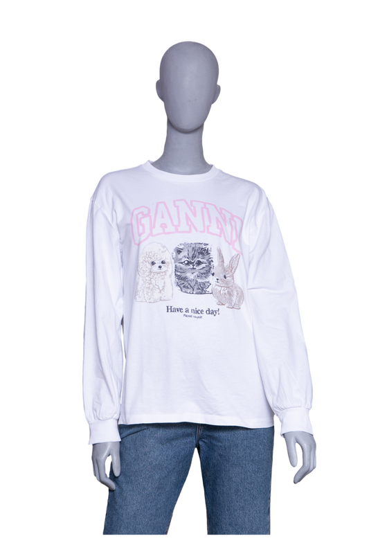 GANNI WHITE ANIMAL PRINT LONG SLEEVE T SHIRT