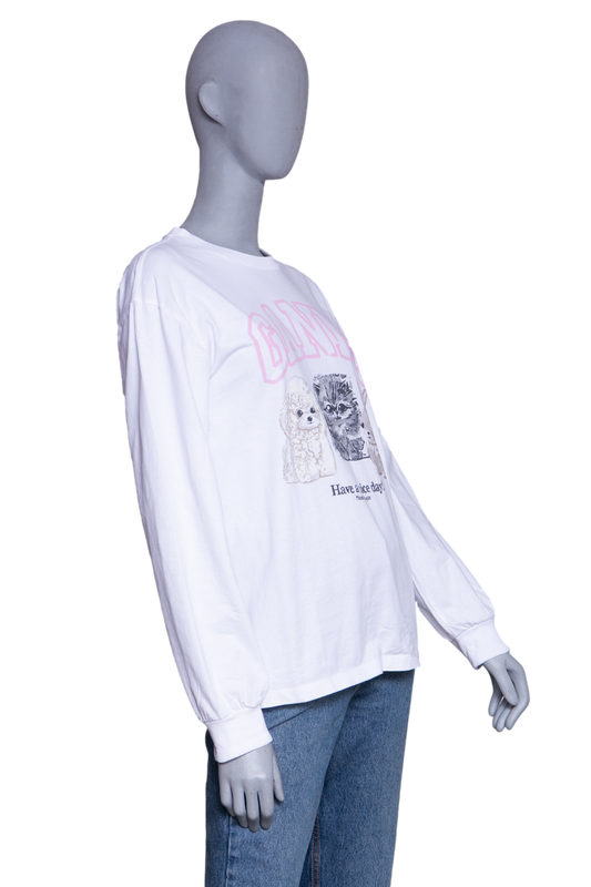 GANNI WHITE ANIMAL PRINT LONG SLEEVE T SHIRT