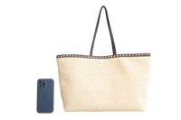 VALENTINO ROCKSTUD RAFFIA TOTE NATURAL/DARK BROWN