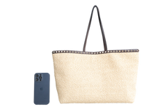 VALENTINO ROCKSTUD RAFFIA TOTE NATURAL/DARK BROWN