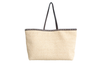 VALENTINO ROCKSTUD RAFFIA TOTE NATURAL/DARK BROWN