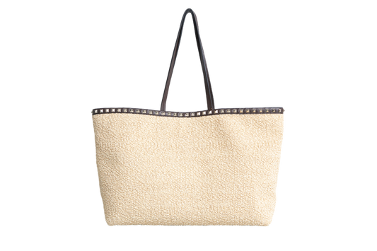 VALENTINO ROCKSTUD RAFFIA TOTE NATURAL/DARK BROWN