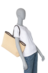 VALENTINO ROCKSTUD RAFFIA TOTE NATURAL/DARK BROWN