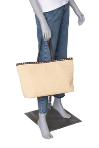 VALENTINO ROCKSTUD RAFFIA TOTE NATURAL/DARK BROWN