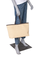 VALENTINO ROCKSTUD RAFFIA TOTE NATURAL/DARK BROWN