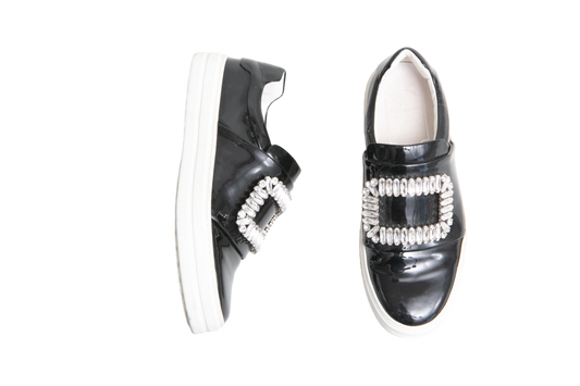 ROGER VIVIER SLIP-ON SNEAKERS PATENT LEATHER EMBELLISHED BLACK - 34 BR