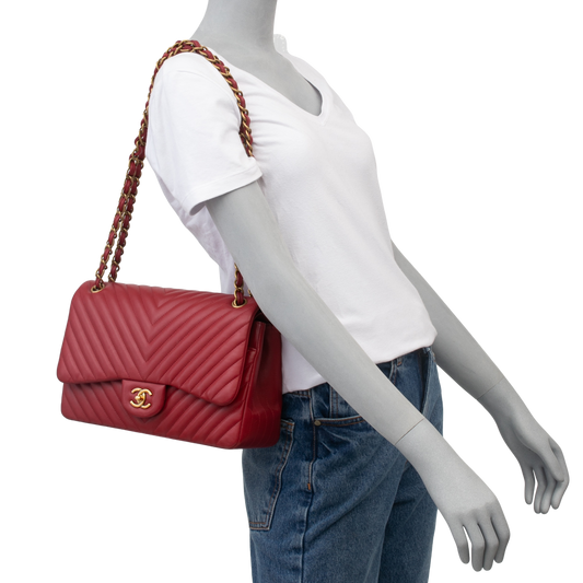 CHANEL JUMBO DOUBLE FLAP RED CHEVRON