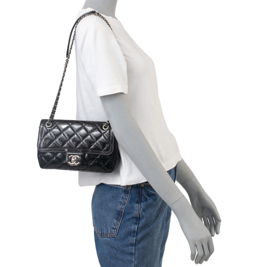 CHANEL SINGLE FLAP CLASSIC PATENT BLACK SILVER HARDWARE